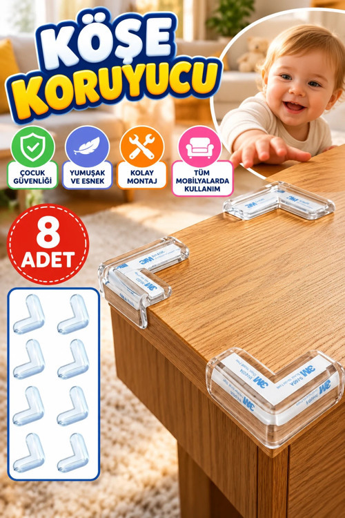 Çocuk Güvenliği İçin Şeffaf Mobilya Köşe Koruyucu – 8 Adet Yumuşak Koruma Aparatı