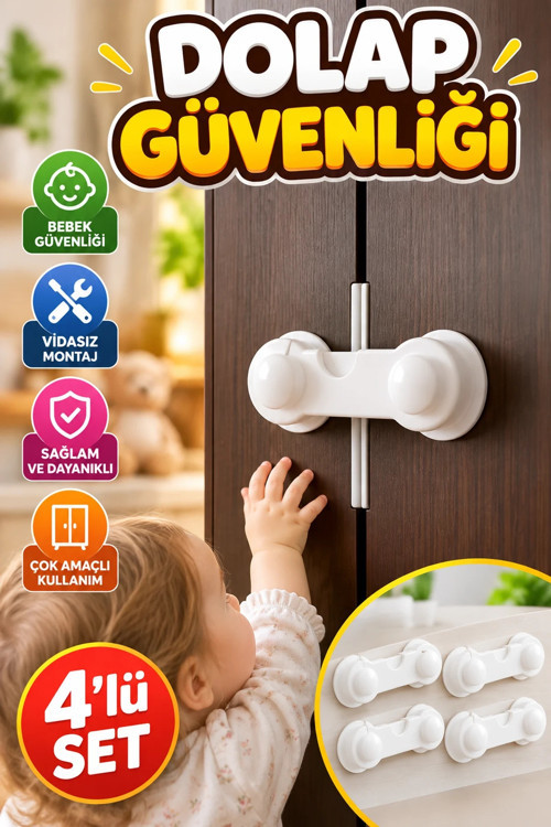 4'lü Bebek ve Çocuk Dolap Güvenlik Kilidi – Vidasız Montaj