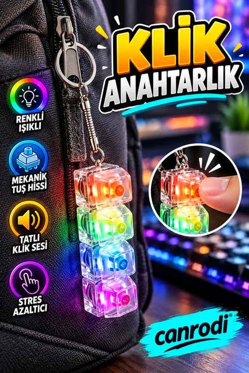 Blue Switch 4 Tuşlu Işıklı Mekanik Klavye Anahtarlığı – Klik Fidget Oyuncağı