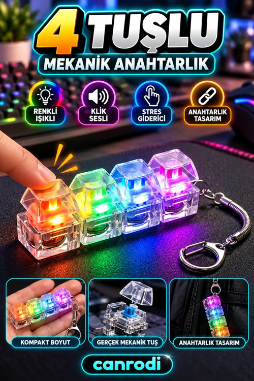 4 Tuşlu Mekanik Anahtarlık – Renkli Işıklı Klik Sesli Fidget Oyuncağı
