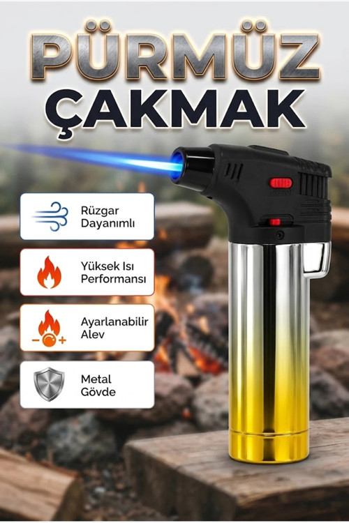 Ayarlanabilir Jet Alevli Metal Pürmüz Çakmak – Emniyet Kilitli ve Rüzgara Dayanıklı