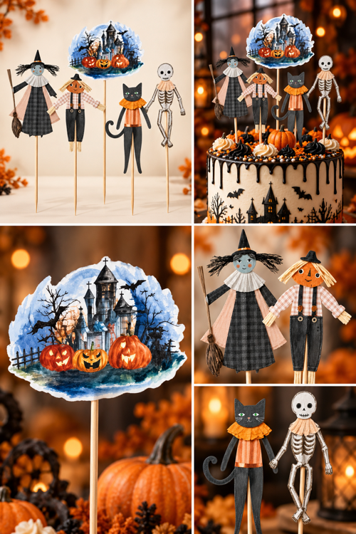 Halloween Cadılar Bayramı Pasta Süsü Kürdan Seti 5 Parça Cadı Kedi İskelet Balkabağı Figürlü