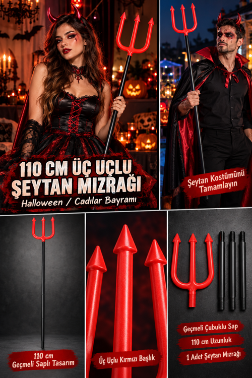 Halloween Cadılar Bayramı 110 cm Geçmeli Çubuklu Şeytan Mızrağı Kırmızı Üç Uçlu Kostüm Aksesuarı