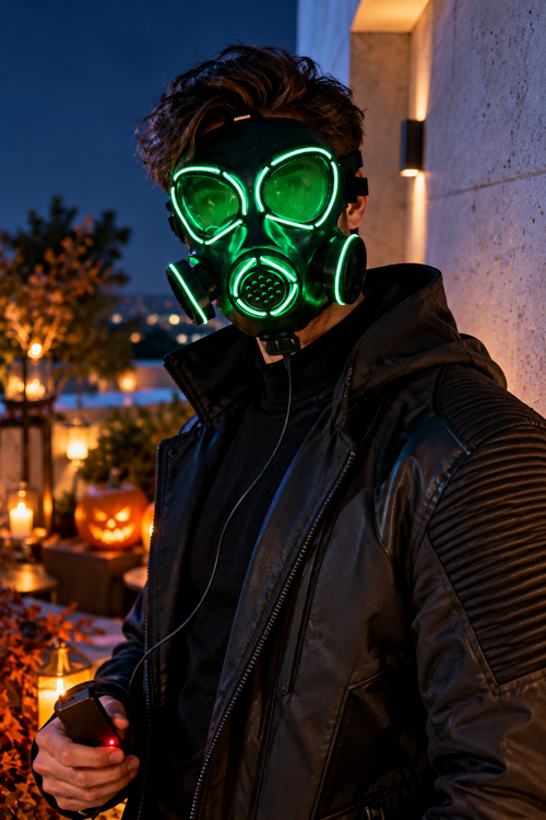 Yeşil Neon Işıklı Gaz Maskesi Halloween Cadılar Bayramı Kablolu Kontrol Kutulu Parti Aksesuarı