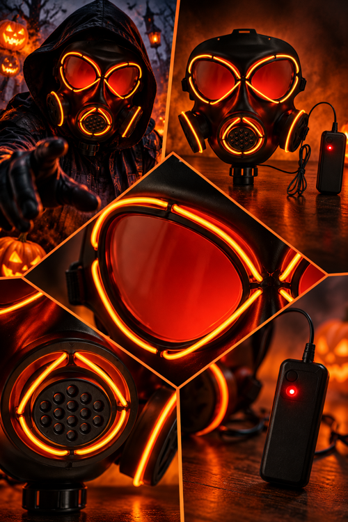 Turuncu Neon Işıklı Gaz Maskesi Halloween Cadılar Bayramı Kablolu Kontrol Kutulu Parti Aksesuarı