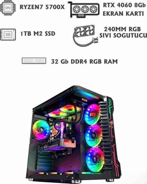 FAİRYTALE X20 RYZEN 7 5700X/RTX 4060/32GB RGB RAM / 240MM SIVI SOĞUTMA / 1TB NVME OYUNCU BİLGİSAYARI