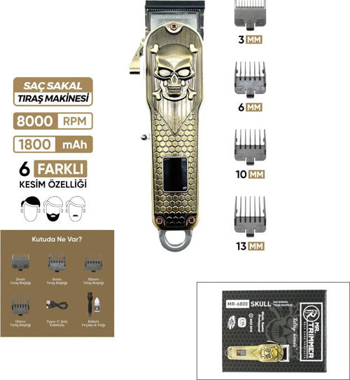 Mr.Trımmer MR-6800 Saç ve Sakal Kesme Traş Makinesi 0,1mm-0,5mm 8000RPM 6 Farklı Kesim