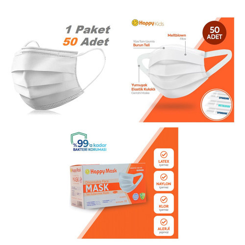 Happy Mask Saymask Medikal Cerrahi Yüz Maskesi 50 Adet 3 Katlı Beyaz Tek Kullanımlık