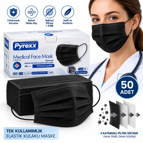 Polmask Polemask Neto Medıcal Medikal Cerrahi Yüz Maskesi 50 Adet 3 Katlı Siyah Tek Kullanımlık