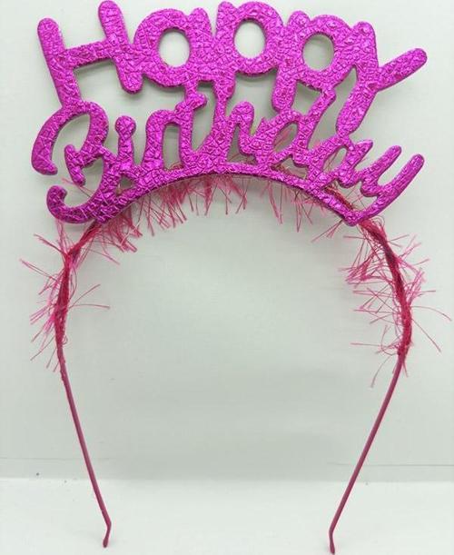 Happy Birthday İtalik Yazılı Fuşya Renk Metal Doğum Günü Tacı