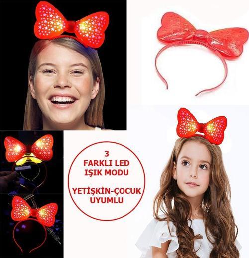 Led Işıklı &amp; Pilli 3 Farklı Modda Yanan Yıldızlı Fiyonk Parti Tacı Kırmızı Renk 19x15 cm