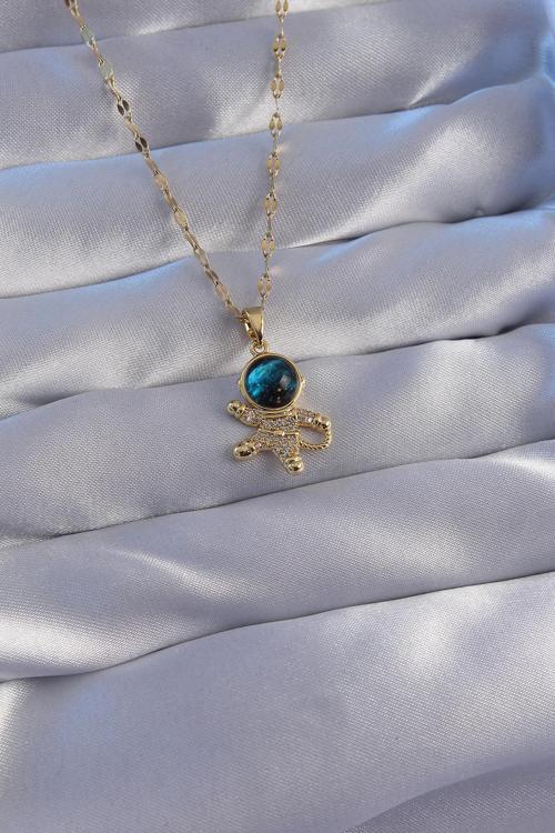 316L Çelik Zincir Gold Renk Zirkon Taşlı Astronot Figürlü Gezegen Kolye - EBJ270706W25151