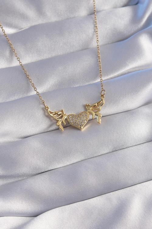 316L Çelik Zincir Gold Renk Zirkon Taşlı Kalp Model Kelebek Detay Kolye - EBJ270706W25101