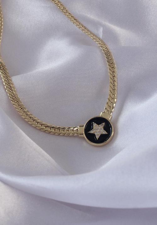 Pirinç Gold Renk Zirkon Taşlı Yıldız Model Siyah Mineli Ezme Zincirli Serenay Kolyesi - EBJ270706W25189