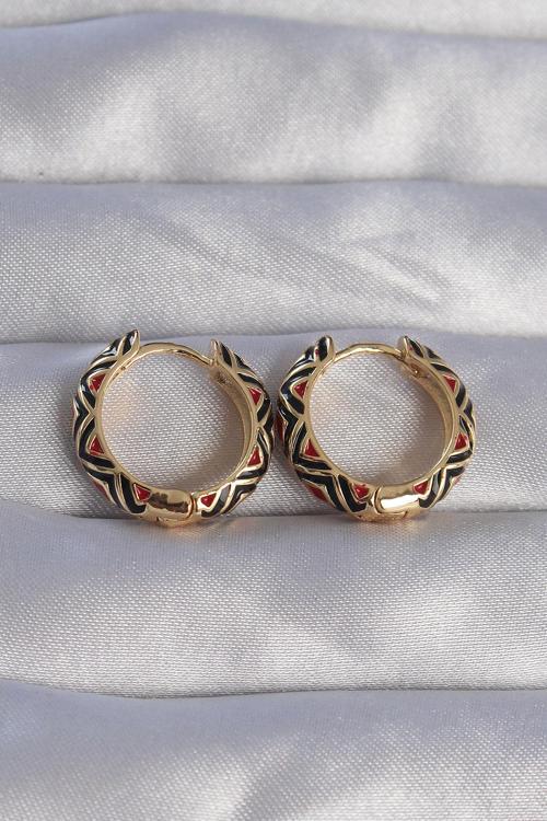Pirinç Gold Renk Siyah Etnik Desenli Halka Küpe - EBJ270706W25235