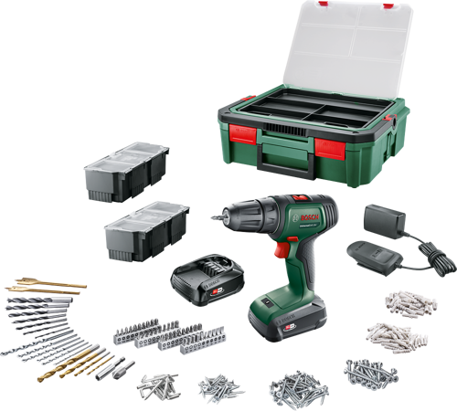 UniversalDrill 18V (2x1,5 Ah) Akülü Delme Vidalama Makinesi+ 241 parça set + Systembox S