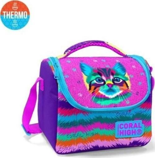 Kids Mor Pembe Kedi Desenli Thermo Beslenme Çantası 11859