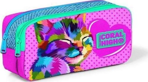 Kids Pembe Mavi Simli Kedi Desenli İki Bölmeli Kalem Çantası 22185