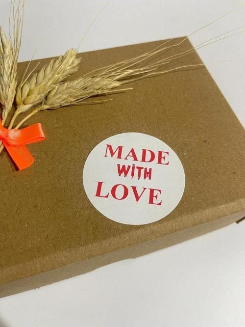 Made With Love Beyaz Etiket Kırmızı Yazı Yuvarlak Yapışkanlı Etiket 4 x 4 cm 120 Adet