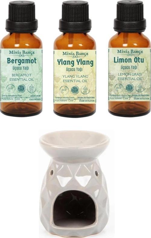 Bergamot Yağı 10ml, Ylang Ylang Yağı 10ml, Limon Otu Yağı 10ml Ve Buhurdanlık