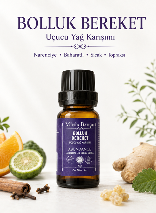 Bolluk-Bereket (Abundance) Uçucu Yağ Karışımı – 10 ml | Portakal, Bergamot, Tarçın, Karanfil, Zencefil, Akgünlük ve Paçuli Yağları