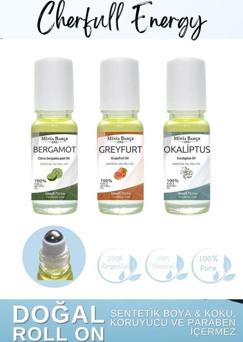 Doğal Roll on, Enerji Seti, Greyfurt, Bergamot, Okaliptus Uçucu Yağı, 10ml x 3
