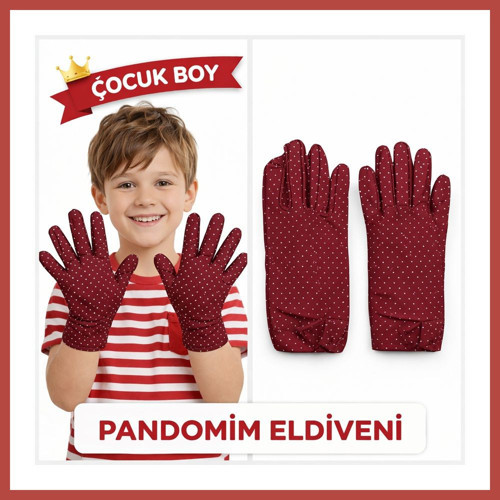 Çocuk Boy Pandomim Eldiveni Beyaz Puantiyeli Bordo Renk Gösteri Eldiveni 23 Nisan 19 Mayıs ERDOTICA