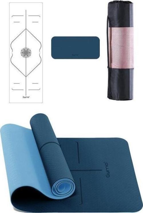 Hizalamalı 6mm TPE Yoga Matı Pilates Minderi Diz Dirsek Koruyucu Matlı Set Mavi
