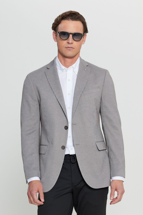 Erkek Vizon 360 Her Yöne Esneyen Slim Fit Dar Kesim Çizgili Kapak Cepli Blazer Ceket