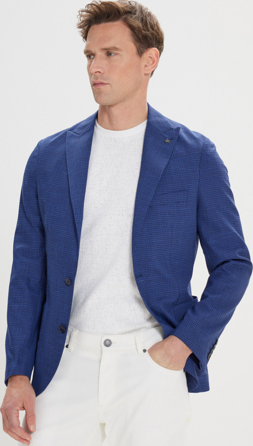 Erkek Lacivert Slim Fit Dar Kesim Kırlangıç Yaka Desenli Ceket