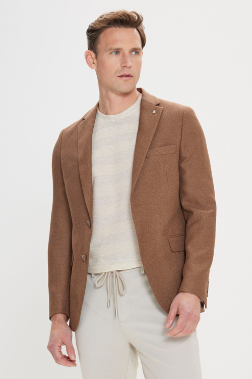 Erkek Kahverengi Slim Fit Dar Kesim Mono Yaka Armürlü Blazer Ceket