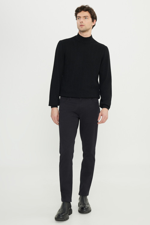 Erkek Siyah Pamuklu Slim Fit Dar Kesim 5 Cepli Armürlü Esnek Casual Pantolon