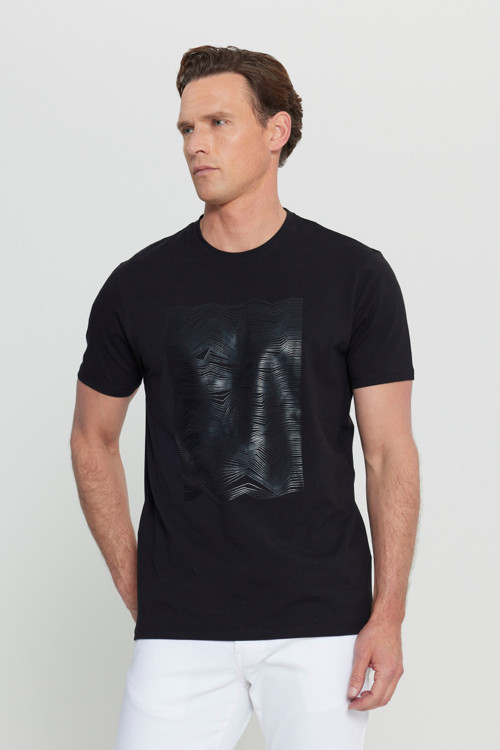 Erkek Siyah Pamuklu Slim Fit Dar Kesim Baskılı Esnek Tişört