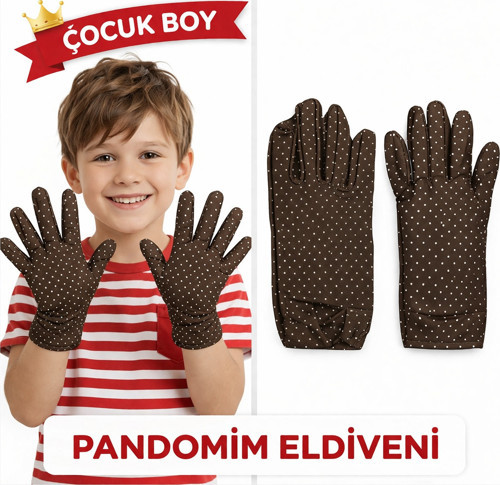Çocuk Boy Pandomim Eldiveni Beyaz Puantiyeli Kahve Renk Gösteri Eldiveni 23 Nisan 19 Mayıs