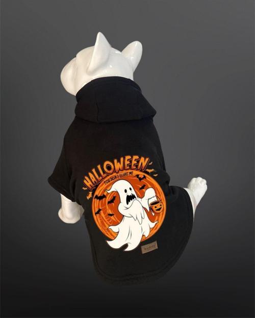 Kedi & Köpek Kıyafeti Sweatshirt - Halloween Hayalet Baskılı Siyah Sweatshirt
