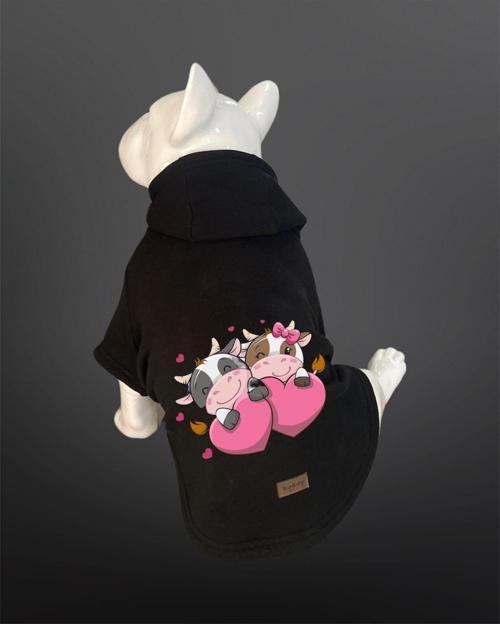 Kedi & Köpek Kıyafeti Sweatshirt - Sevgililer Günü - Aşık İnekler Baskılı Siyah Sweatshirt