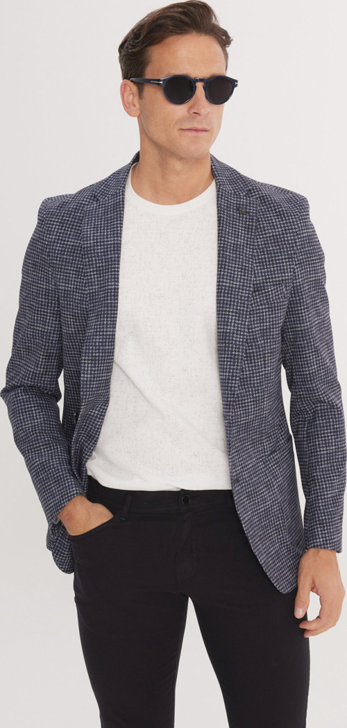 Erkek Lacivert Slim Fit Dar Kesim Mono Yaka Kazayağı Desenli Ceket