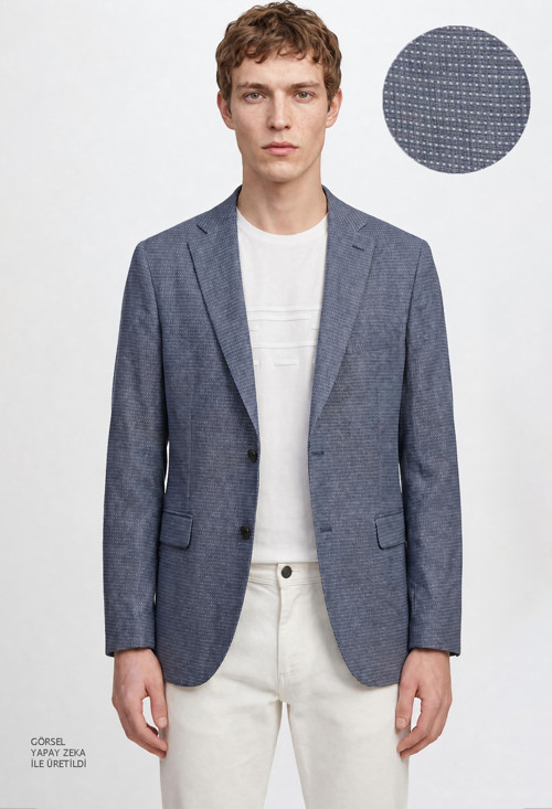 Erkek Mavi Yünlü Slim Fit Dar Kesim Mono Yaka Kapak Cepli Armürlü Blazer Ceket