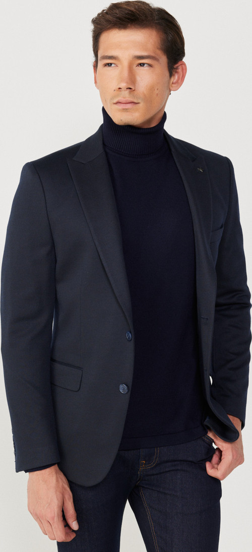 Erkek Lacivert Slim Fit Dar Kesim Kırlangıç Yaka Desenli Ceket