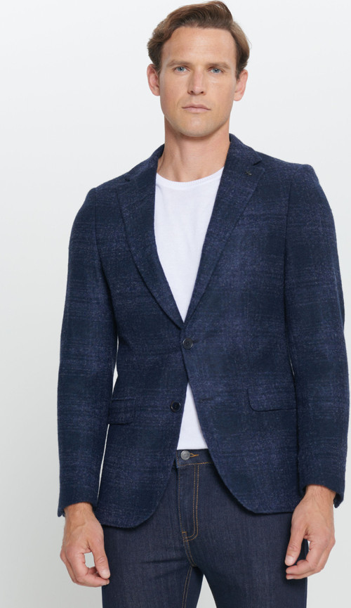 Erkek Lacivert Slim Fit Dar Kesim Mono Yaka Yünlü Ceket