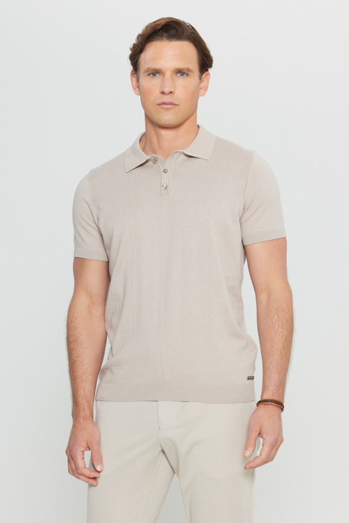 Erkek Vizon %100 Pamuk Standart Fit Normal Kesim Polo Yaka Triko Tişört