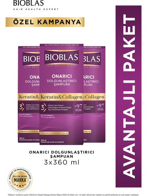 Keratin & Kolajen Onarıcı Dolgunlaştırıcı Saç Bakım Şampuanı 3 x 360 ml Ince ve Yıpranmış Saçlar