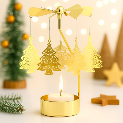 Altın Renk Dönme Çam Ağacı Figürlü Mumluk – Isıyla Dönen Dekoratif Tealight Mumluk