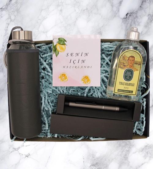 HEDİYE KUTUSU - DERİ KILIFLI CAM SU MATARASI - Tıraş KOLONYASI - KALEM