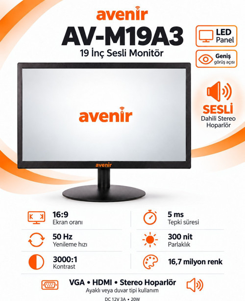 AV-M19A3 19 İnç LED Monitör – Dahili Stereo Hoparlör