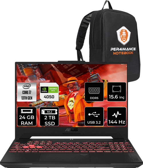 Tuf Gaming F15 i7 13620H 24GB RAM 2TB SSD RTX4050/6GB 144Hz 15.6" FHD FDOS LP259 & PER4 Çanta