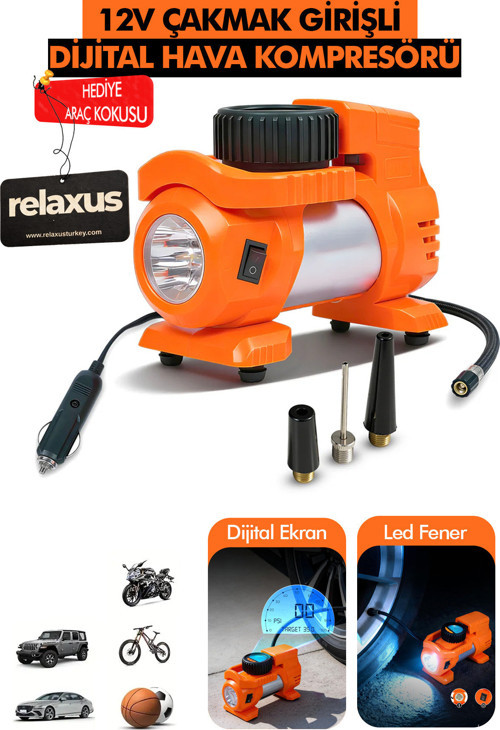 Araç Çakmak Girişli Dijital Hava Kompresörü Lastik Şişirme Pompası 12V Taşınabilir Oto Kokusu Hediye