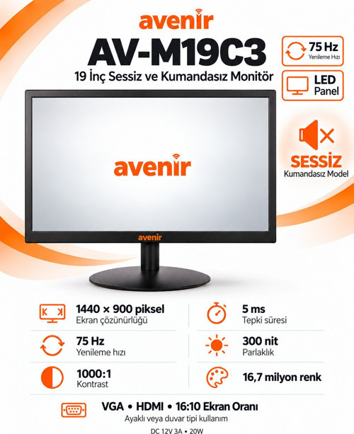 AV-M19C3 19 İnch 75HZ 5ms Sessiz Kumandasız Monitör
