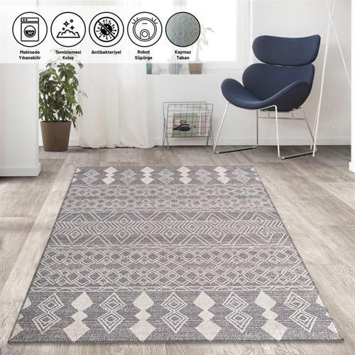 Marokan tarzı Salon Halısı otantik kilim desenli Açık Gri Halı Kaymaz Taban Makinada Yıkanabilir