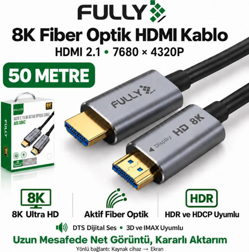 Fully 50Metre 8K 60Hz AOC Fiber Optik HDMI Kablo 2.1V 7680x4320